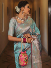 Mrinalini – Sky Blue Banarasi Silk Saree with Golden Paisley Weaving