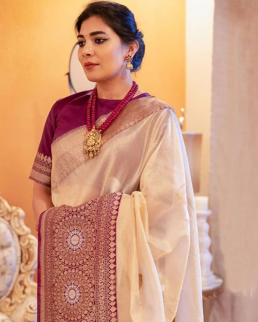 Effulgent Beige Color Banarasi Soft Silk Saree With Blouse Piece