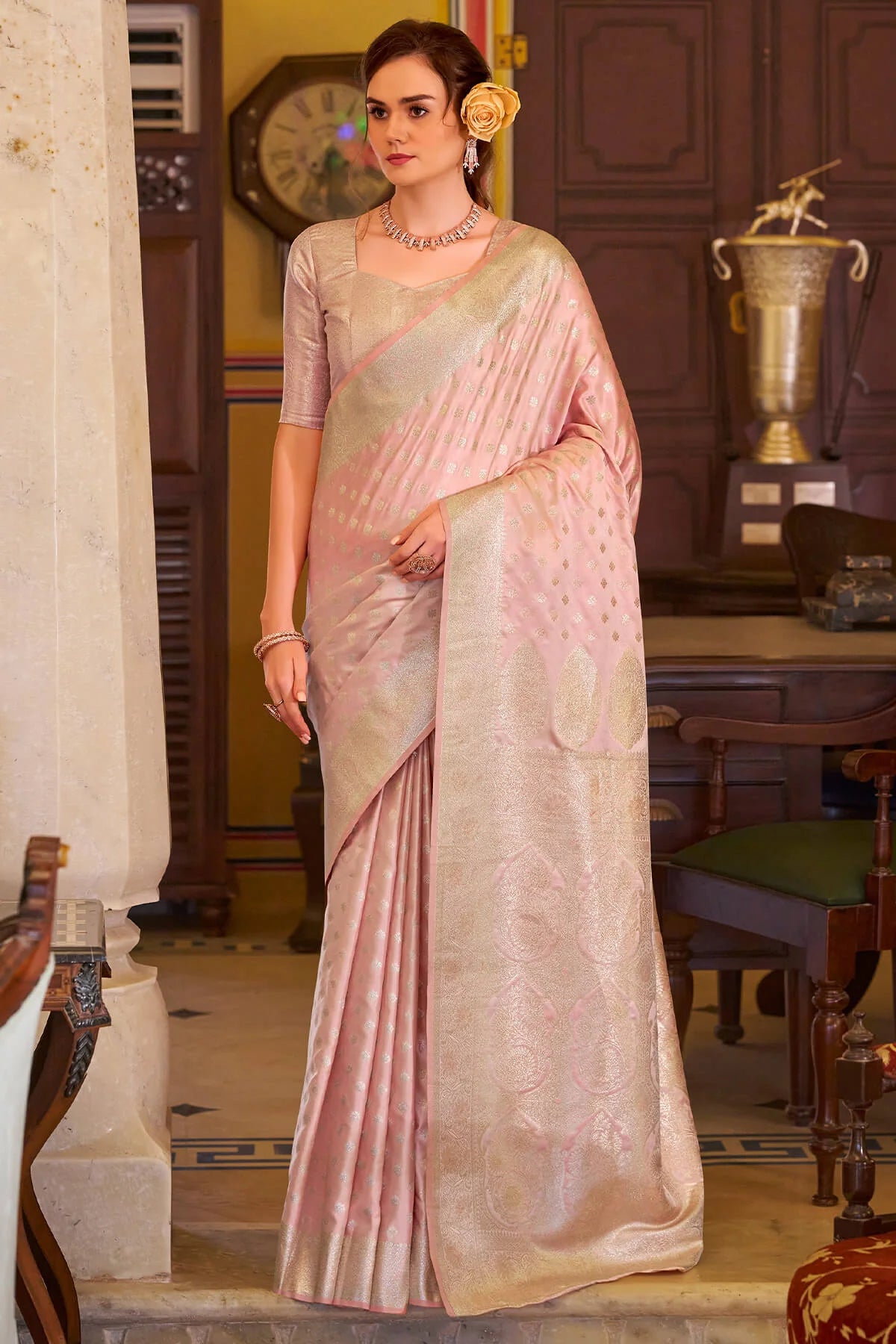 Imbrication Baby Pink Banarasi Satin Silk Saree With Smashing Blouse
