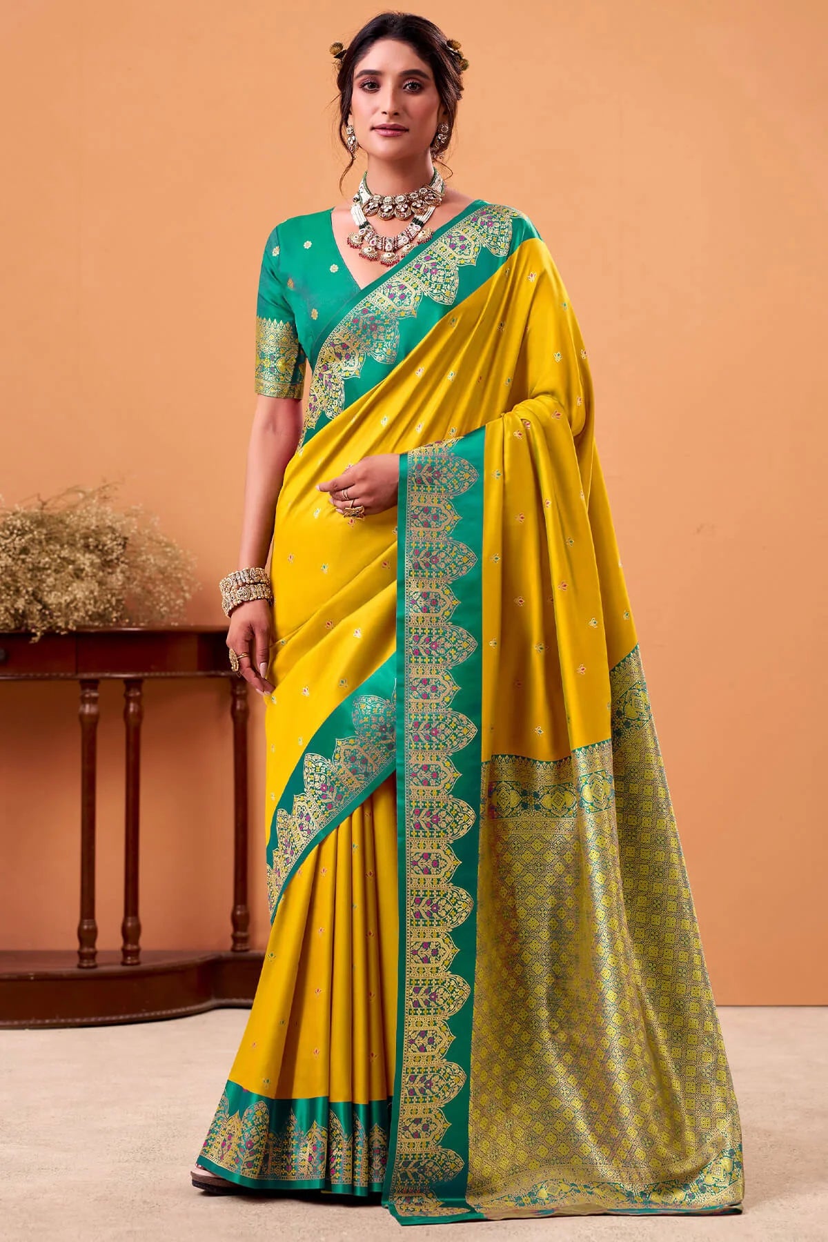 Ratatouille classy Yellow Banarasi Satin Silk Saree With Forbearance Blouse