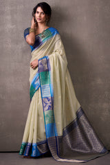 Effulgent Beige & Blue Cotton Silk Saree With Lustrous Blouse Piece
