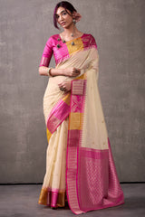 Effulgent Beige & Dark Pink Cotton Silk Saree With Lustrous Blouse Piece