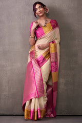 Effulgent Beige & Dark Pink Cotton Silk Saree With Lustrous Blouse Piece
