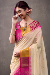 Effulgent Beige & Dark Pink Cotton Silk Saree With Lustrous Blouse Piece