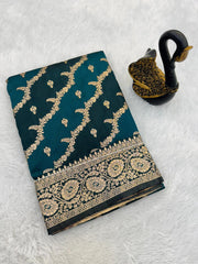 Deserving Rama Soft Banarasi Silk Saree With Classic Blouse Piece