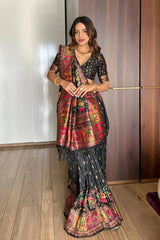Lovely Black Nylon Dola Pashmina Saree With Precious Blouse Piece