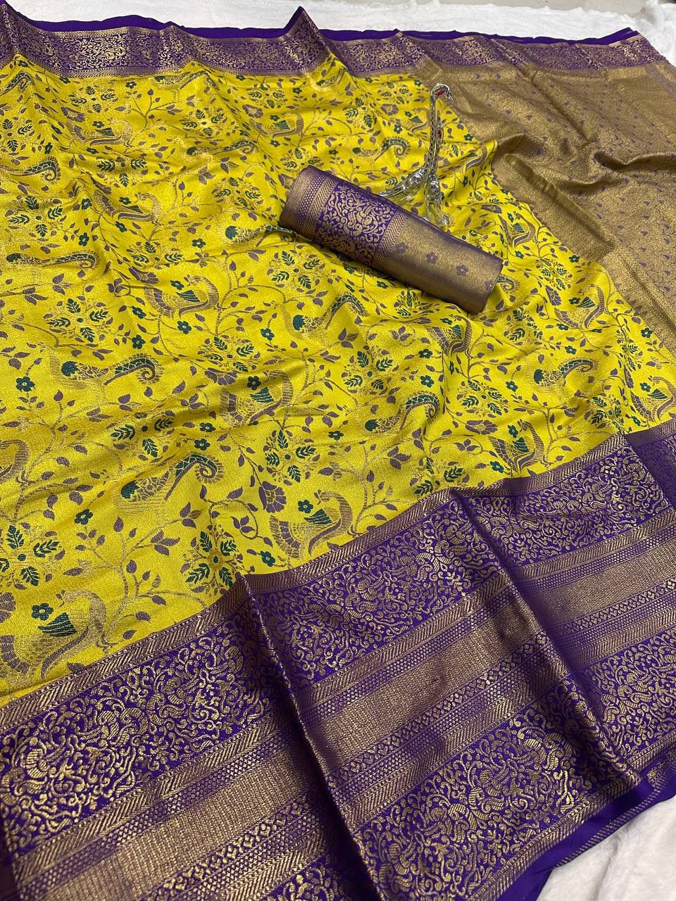 Vibrant Yellow Kanjivaram Silk Saree With Admirable Blouse Piece