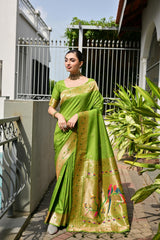 Gladiolus Green Woven Paithani Saree
