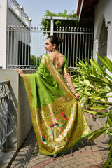 Gladiolus Green Woven Paithani Saree